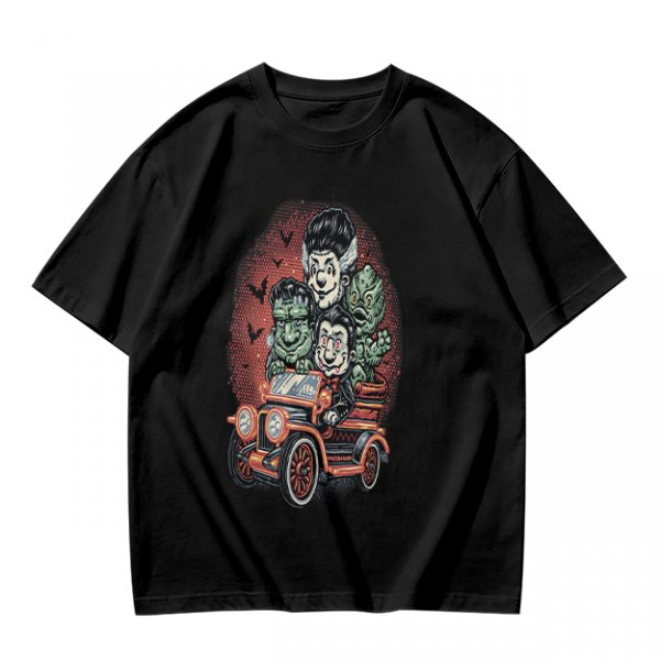 Halloween Monster Characters Driving Vintage Car Graphic T-Shirt