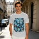 Olive T-Shirt With Playful Blue Cat Character Print