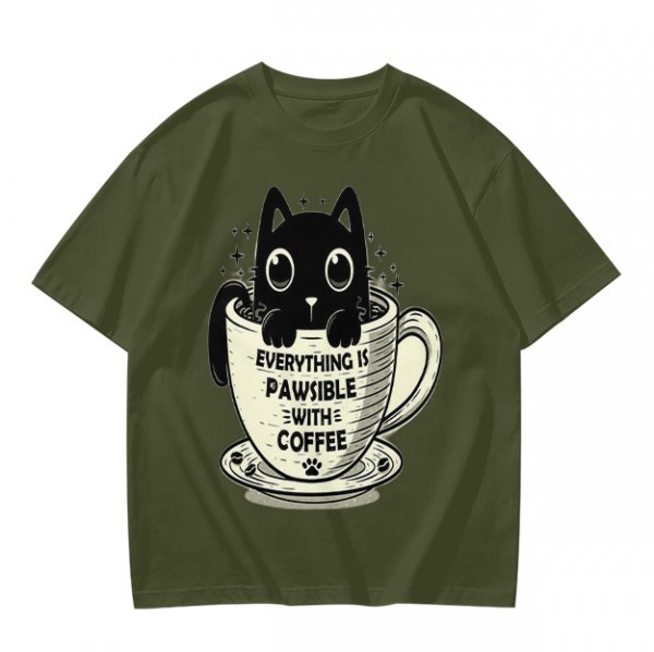 Olive T-Shirt With Black Cat In Coffee Cup 'Everything Is Pawsible With Coffee' Print