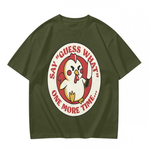 Olive t-shirt with angry chicken holding knife and funny text design