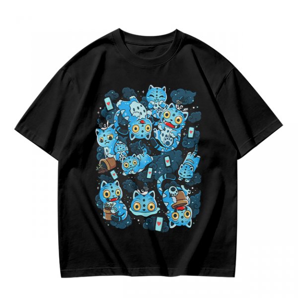 Olive T-Shirt With Playful Blue Cat Character Print