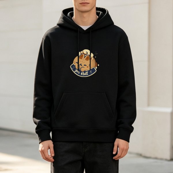 Black hoodie with cute cinnamon bun graphic and you roll text