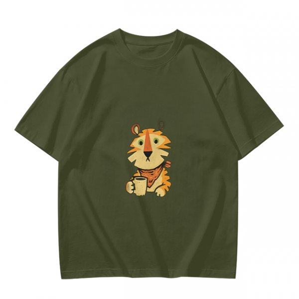 Olive Green T-Shirt with Cute Tiger Holding Coffee Mug Print