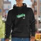 Black graphic hoodie with green stylized text and witch hat print