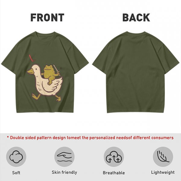 Olive T-Shirt Featuring Frog Riding Duck Holding Knife