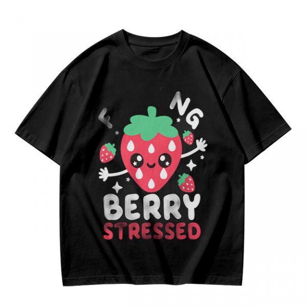 Olive graphic t-shirt with crying strawberry and 'berry stressed' text