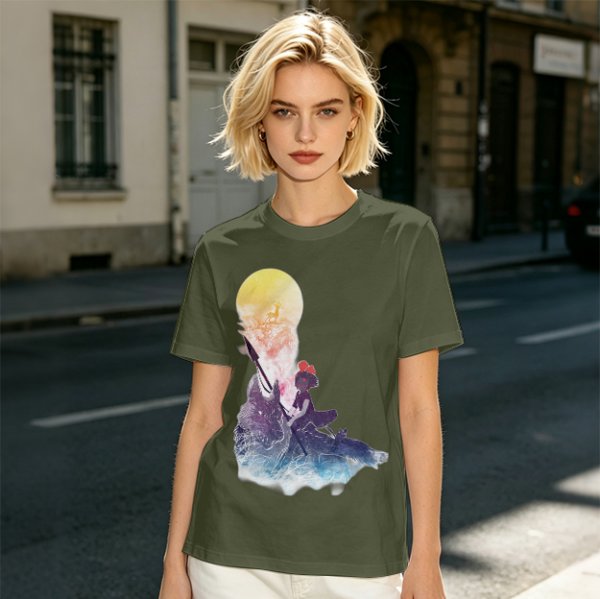 Olive T-Shirt with Watercolor Witch and Moon Art Print