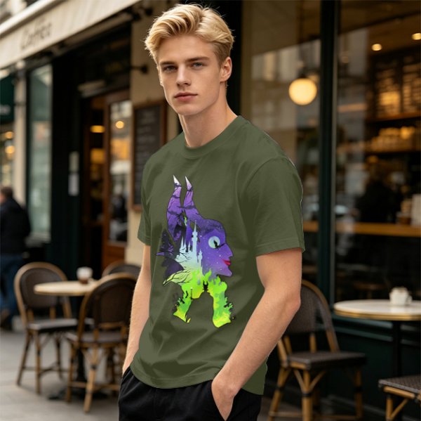 Olive green t-shirt with Maleficent fantasy silhouette graphic