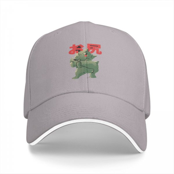 Black baseball cap with green monster graphic and red Japanese text