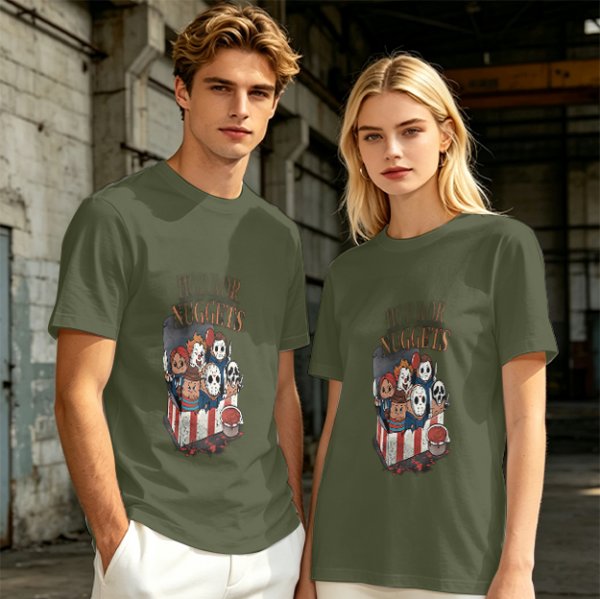 Olive T-Shirt With Horror Movie Character Nuggets Graphic Print