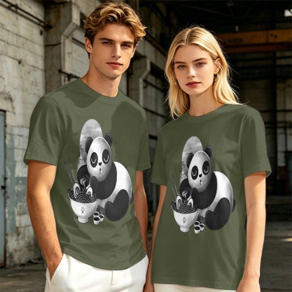Olive T-Shirt With Panda Eating Ramen Graphic Print
