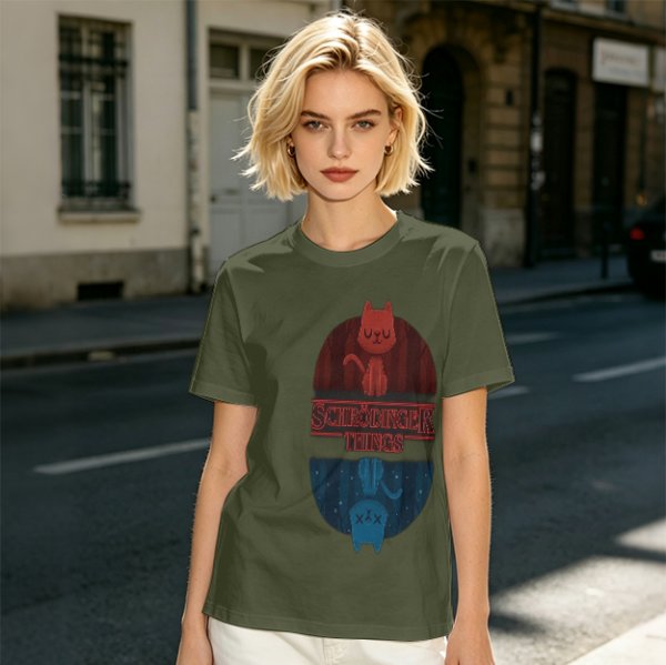Schrödinger Things Cat Graphic Olive T-Shirt