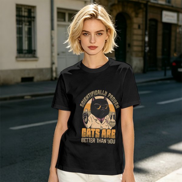 Olive green t-shirt with scientifically proven cats are better than you cat scientist print