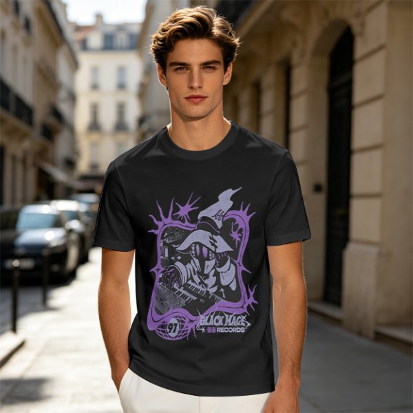 Olive Graphic T-Shirt with Black Mage Records Wizard Artwork