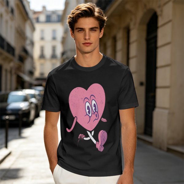 Oversized Olive T-Shirt with Retro Walking Pink Heart Cartoon Graphic