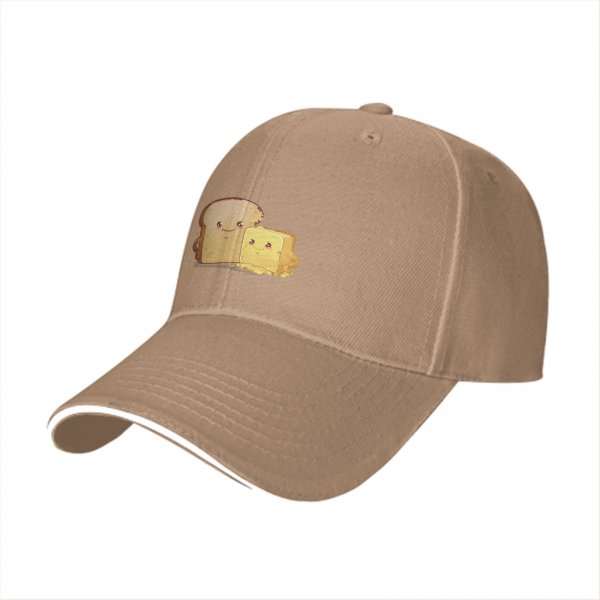Black Baseball Cap With Cute Bread And Butter Cartoon Print