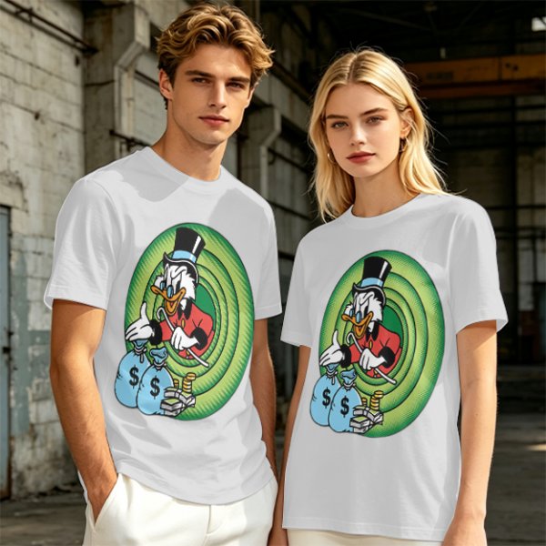 Olive T-Shirt Featuring Scrooge McDuck with Money Bags and Coins