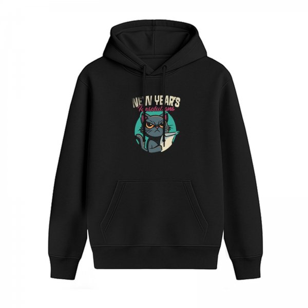Black hoodie with grumpy cat holding New Year's resolutions print