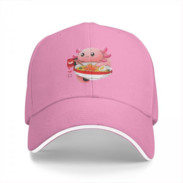 Black baseball cap with cute axolotl eating ramen graphic