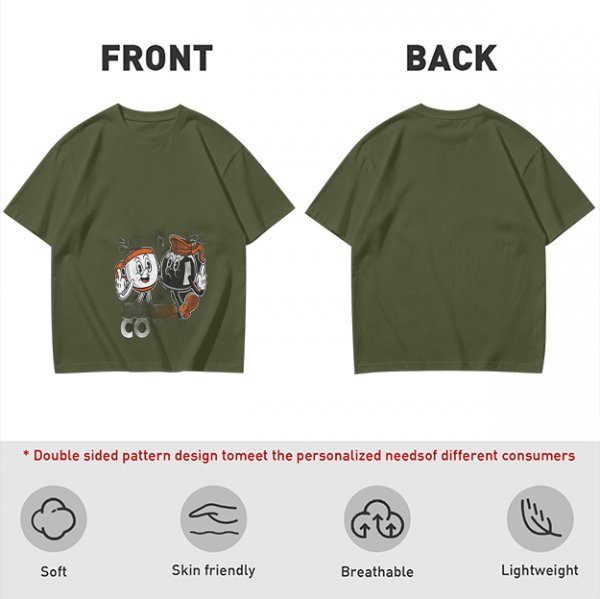 Olive T-Shirt with Retro Cartoon Coffee Cup Characters Graphic