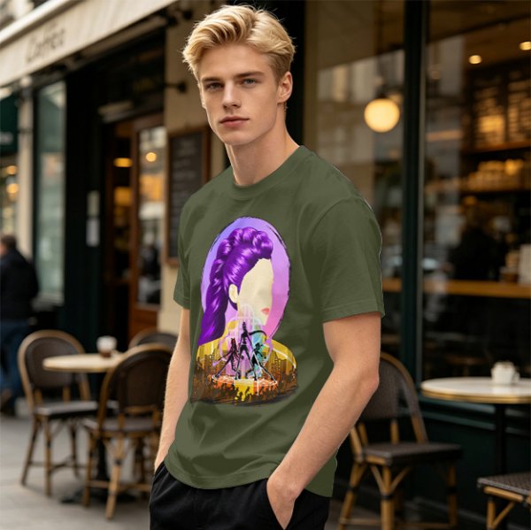 Olive T-Shirt With Purple Haired Woman And Concert Stage Print
