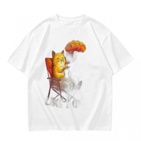 Olive T-Shirt Featuring a Relaxed Cat on a Chair with Fried Chicken Print