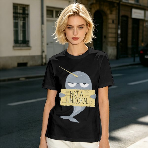 Olive T-Shirt With Grumpy Narwhal Holding Not A Unicorn Sign