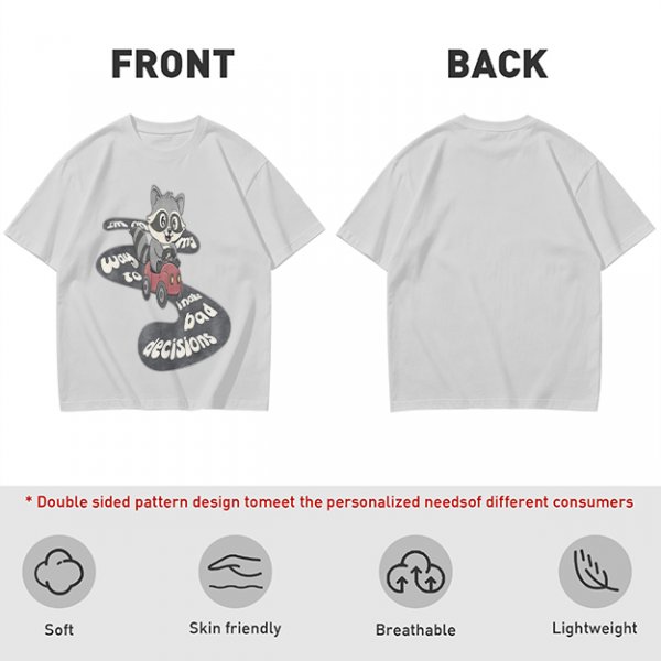Olive graphic tee with raccoon driving car and 'Way to make bad decisions' text