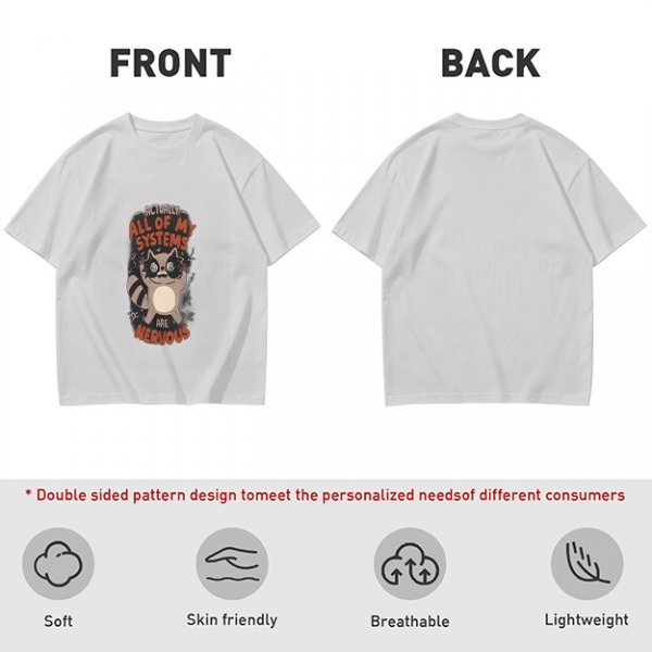 Olive graphic t-shirt with nervous raccoon and 'all of my systems nervous' text