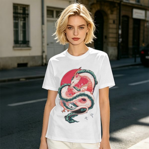 Olive T-shirt with stylized white dragon and red circular graphic print