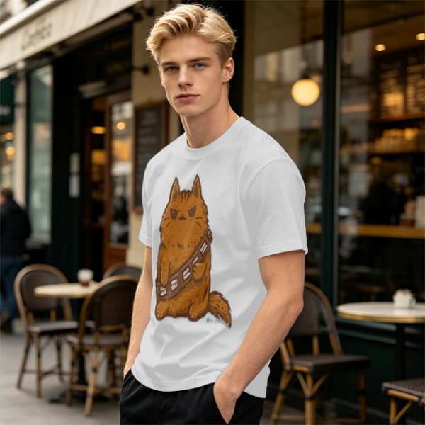 Olive green t-shirt with a grumpy cat in a Chewbacca-style bandolier print