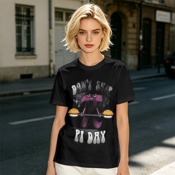 Don't Skip Pi Day T-Shirt with Lifting Pi Character Holding Pies