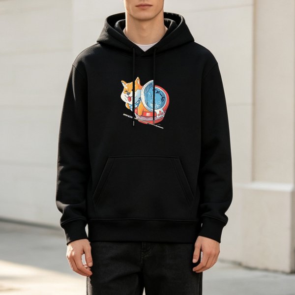 Black hoodie with cute shiba inu ramen bowl graphic