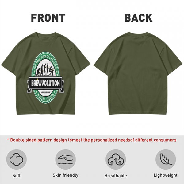 Olive t-shirt with 'Brewvolution' beer evolution graphic design