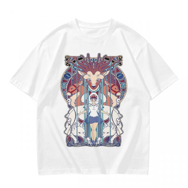 Olive green t-shirt with stained glass style forest spirit anime artwork