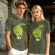 Olive Green T-Shirt With Sad Cartoon Cabbage Graphic