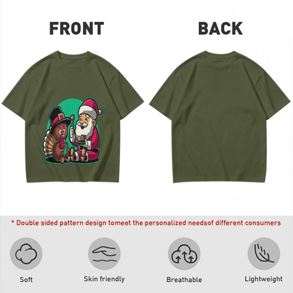 Olive T-Shirt with Santa and Thanksgiving Turkey Graphic