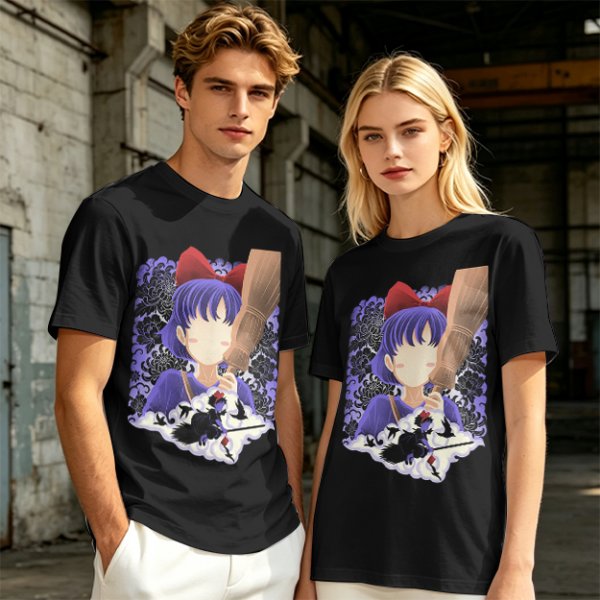 Olive T-Shirt With Witch Anime Girl and Cat Silhouette Print