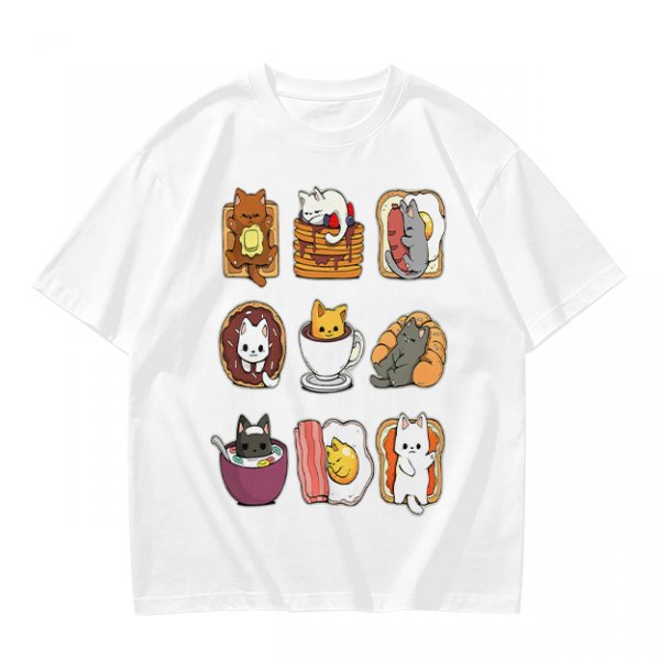 Olive T-Shirt With Cute Breakfast Cat Graphic Print