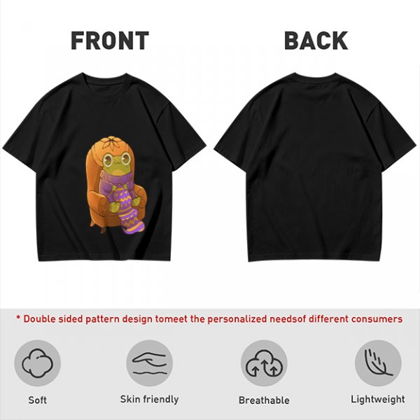 Olive Green T-Shirt with Cozy Frog in Pumpkin Hat Graphic