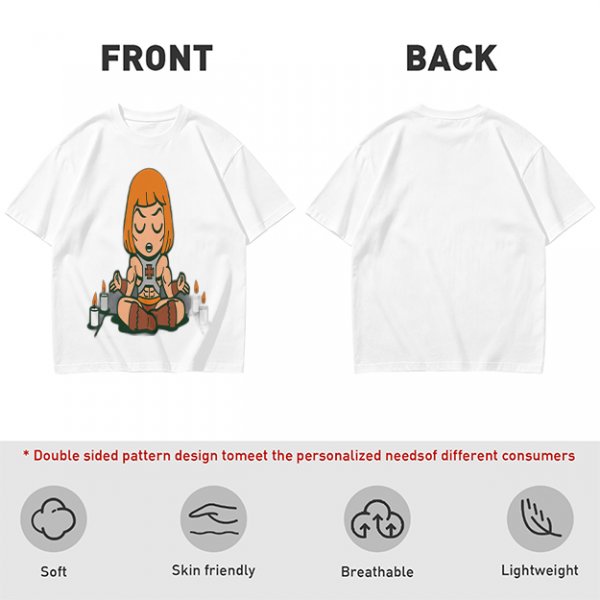 Olive T-shirt with cartoon muscular character meditating surrounded by candles