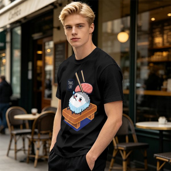 Olive T-Shirt With Sad Sushi Character Saying Thanks Chef Print