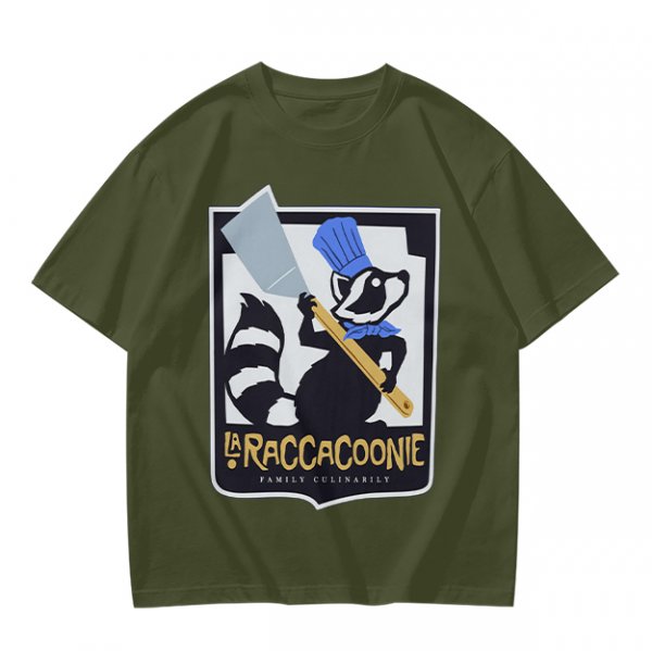 Olive green t-shirt with raccoon chef graphic and text