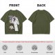 Olive graphic tee with Wednesday and Enid cartoon wolf design