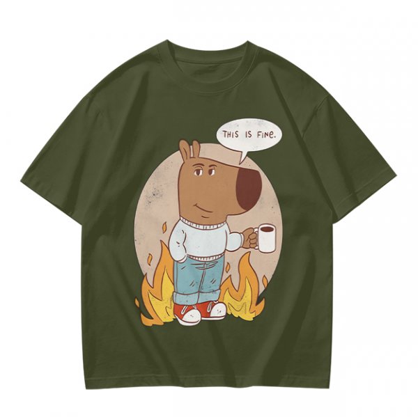 Olive T-Shirt Featuring the 'This Is Fine' Dog Meme Art