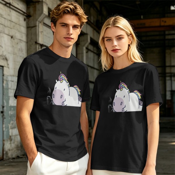 Olive green t-shirt with a chubby unicorn holding a steaming coffee cup