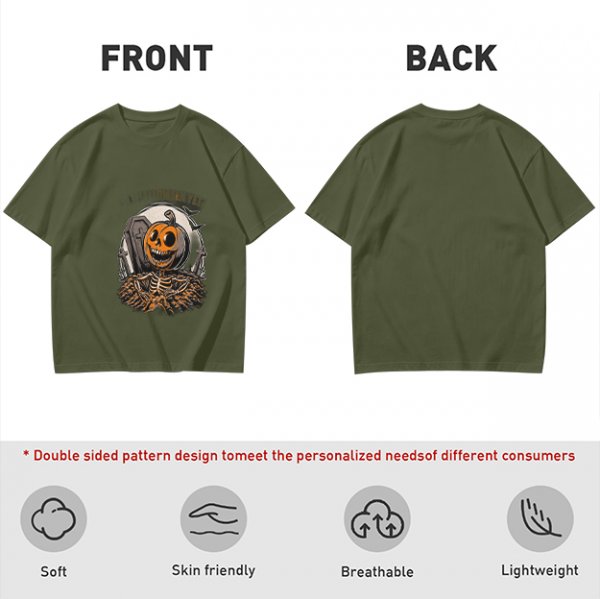 Olive Halloween Skeleton Pumpkin Graphic T-Shirt