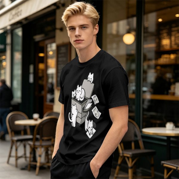 Olive T-Shirt With Playful Cats Emerging From Printer Graphic