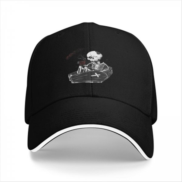 Black baseball cap with skeleton in coffin graphic