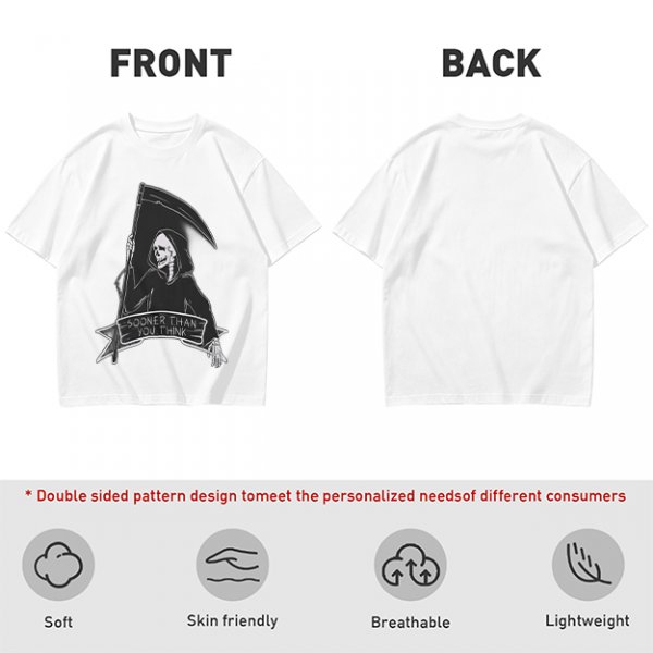Olive Grim Reaper Graphic T-Shirt With Sooner Than You Think Text